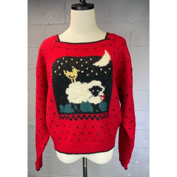 Vintage Woolrich Sheep Moon Novelty Knit Wool Sweater Red Black Medium Large - Picture 11 of 13